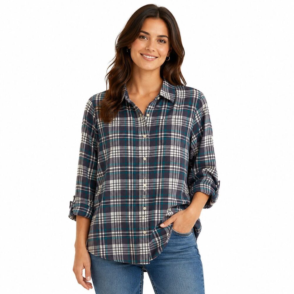 The North Face Button Up Shirt Womens Large Blue Plaid Roll Tab Long Sleeve Top
